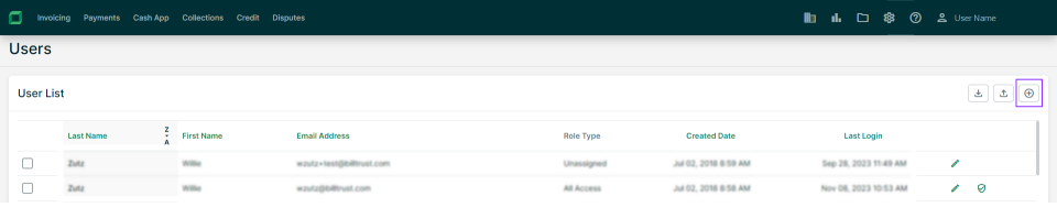 Shows the Add User button, represented by a plus sign, in the upper right corner of the User List module